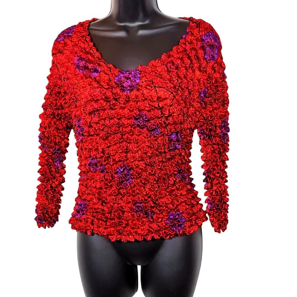 Popcorn Top Red Purple Bubble Crinkle Super Stretchy Shirt 3/4 Sleeve 90s Y2K